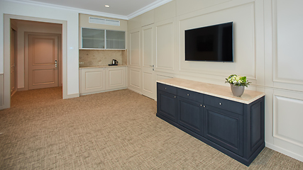 Image showing A modern livingroom inside a new flat with TV.