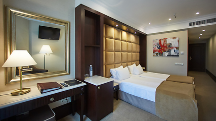 Image showing Two beds in a hotel room. Interior design