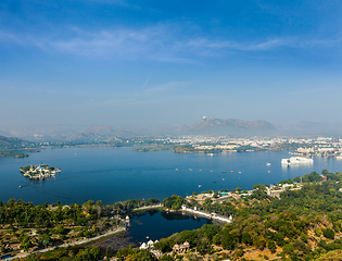 Image showing Aerial view of Lake Pichola with Lake Palace (Jag Niwas) and Jag