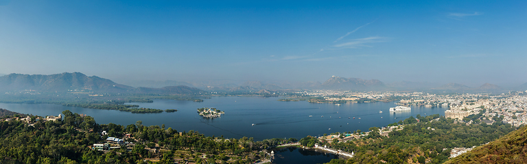 Image showing Aerial panorama of Lake Pichola with Lake Palace (Jag Niwas) and