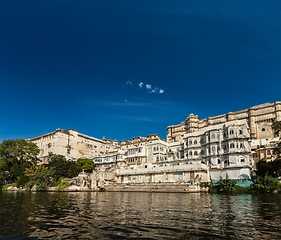 Image showing City Palace view from the lake. Udaipur, Rajasthan, India