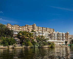 Image showing City Palace view from the lake. Udaipur, Rajasthan, India