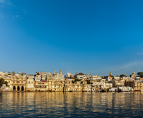 Image showing Udaipur houses and ghats on lake Pichola. Udaipur, Rajasthan, In