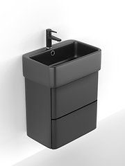 Image showing Black wall mounted wash basin cabinet with faucet