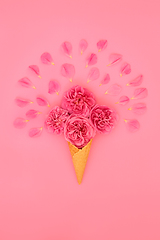 Image showing Surreal Beautiful Pink Rose Flower Ice Cream Cone with Petals