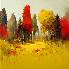 Image showing Autumn forest landscape. Colorful watercolor painting of fall se