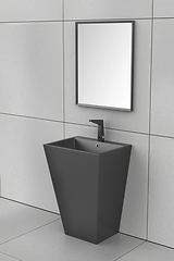Image showing Black wash basin with faucet and mirror
