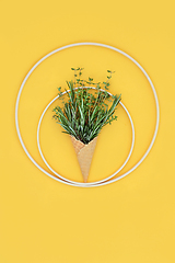 Image showing Waffle Ice Cream Cone Surreal Concept with Herbs
