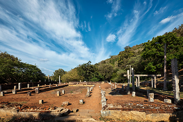 Image showing Column ruins and basement at Mahaseya Dagoba Buddhist monastery. Mihintale, Sri Lanka