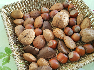 Image showing Various nuts in a wicker bowl