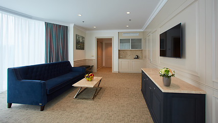 Image showing A modern livingroom inside a new flat with TV.