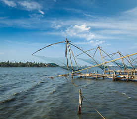 Image showing Chinese fishnets on sunset. Kochi, Kerala, India