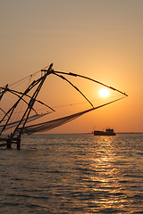 Image showing Chinese fishnets on sunset. Kochi, Kerala, India