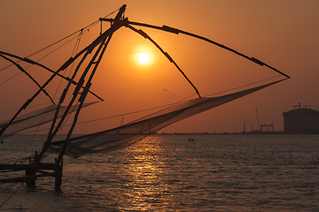 Image showing Chinese fishnets on sunset. Kochi, Kerala, India