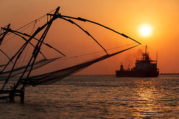 Image showing Chinese fishnets on sunset. Kochi, Kerala, India