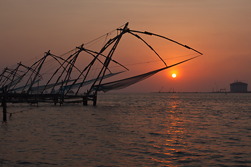 Image showing Chinese fishnets on sunset. Kochi, Kerala, India