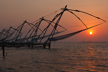 Image showing Chinese fishnets on sunset. Kochi, Kerala, India