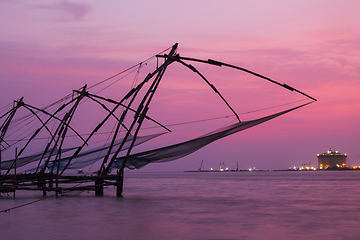 Image showing Chinese fishnets on sunset. Kochi, Kerala, India