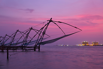 Image showing Chinese fishnets on sunset. Kochi, Kerala, India