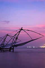 Image showing Chinese fishnets on sunset. Kochi, Kerala, India