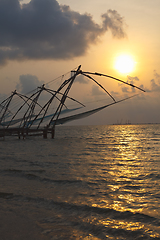 Image showing Chinese fishnets on sunset. Kochi, Kerala, India