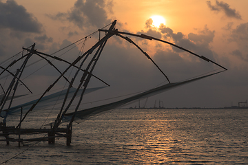 Image showing Chinese fishnets on sunset. Kochi, Kerala, India