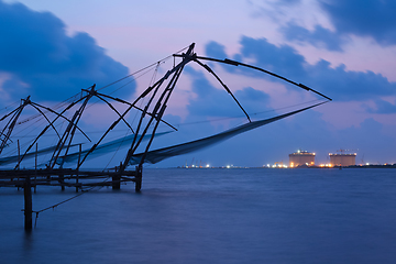 Image showing Chinese fishnets in twilight. Kochi, Kerala, India