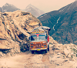 Image showing Manali-Leh road in Indian Himalayas with lorry