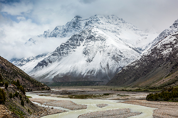 Image showing Lahaul valley in Himalayas with snowcappeped mountains. Himachal Pradesh, India