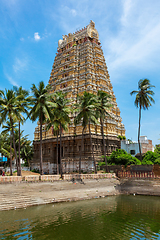 Image showing Gopura (tower) and temple tank of Lord Bhakthavatsaleswarar Temp