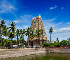 Image showing Gopura (tower) and temple tank of Lord Bhakthavatsaleswarar Temp