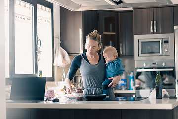 Image showing Happy mother and little infant baby boy together making pancakes for breakfast in domestic kitchen. Family, lifestyle, domestic life, food, healthy eating and people concept.