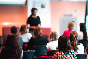 Image showing Woman giving presentation on business conference event.