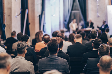 Image showing Round table discussion at business conference event.