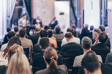 Image showing Round table discussion at business conference event.