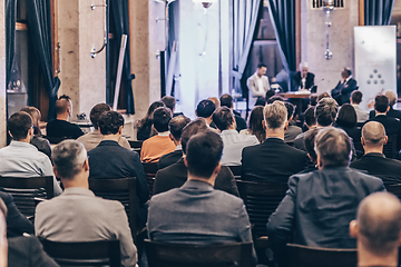 Image showing Round table discussion at business conference event.