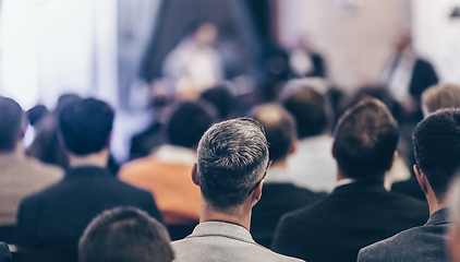 Image showing Round table discussion at business convention and Presentation. Audience at the conference hall. Business and entrepreneurship symposium