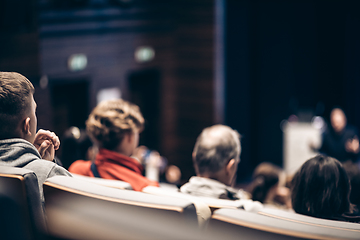 Image showing Speaker giving a talk in conference hall at business event. Rear view of unrecognizable people in audience at the conference hall. Business and entrepreneurship concept.