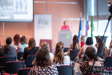 Image showing Woman giving presentation on business conference event.