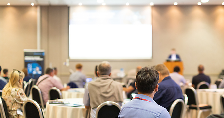 Image showing Business speaker giving a talk at business conference event.