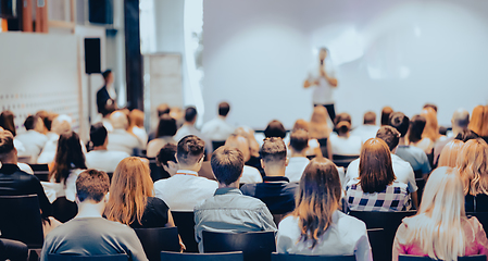 Image showing Business speaker giving a talk at business conference event.