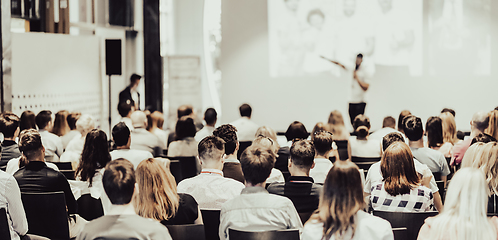 Image showing Business speaker giving a talk at business conference event.