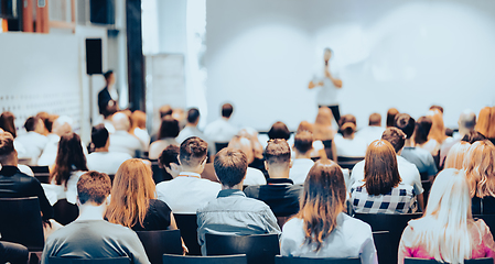 Image showing Business speaker giving a talk at business conference event.