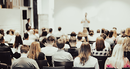 Image showing Business speaker giving a talk at business conference event.