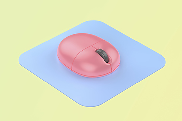 Image showing Pink computer mouse with blue mouse pad