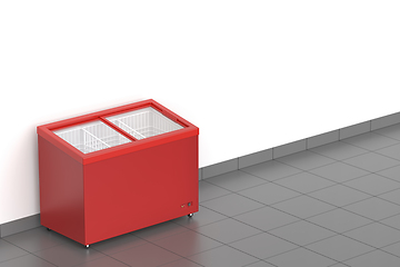 Image showing Red empty glass door chest freezer