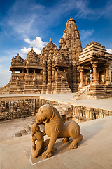 Image showing King and lion fight statue and Kandariya Mahadev temple