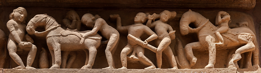 Image showing Panorama of erotic bas relief, Khajuraho, India