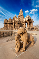 Image showing King and lion fight statue and Kandariya Mahadev temple