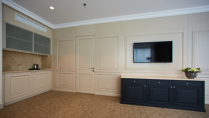 Image showing A modern livingroom inside a new flat with TV.